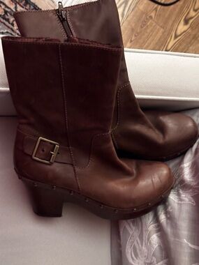Kork-Ease Brown Leather Mid-Calf Buckle Heel Boots